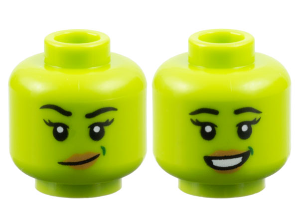 Minifigure, Head Dual Sided Female Black Eyebrows and Eyelashes, Dark Green Dimple, Medium Nougat Lips, Lopsided Grin / Open Mouth Smile with Teeth Pattern