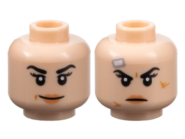 Minifigure, Head Dual Sided Female Black Eyebrows and Eyelashes, Nougat Lips, Grin with Dimple / Scowl with Scars and Bandage Pattern
