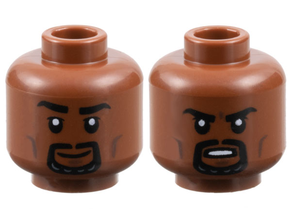 Minifigure, Head Dual Sided Black Eyebrows and Goatee, Dark Brown Cheek Lines and Chin Dimple, Grin / Open Mouth Scowl with Teeth Pattern
