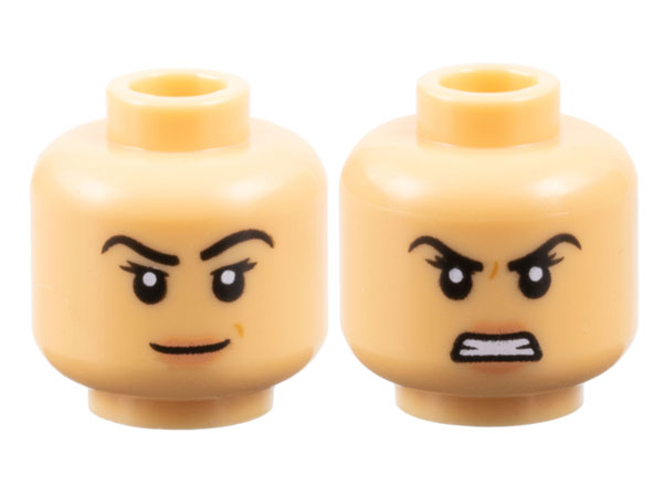 Minifigure, Head Dual Sided Female Black Eyebrows and Eyelashes, Nougat Lips, Grin with Dimple / Angry with Bared Teeth Pattern