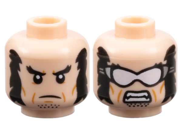 Minifigure, Head Dual Sided Black Bushy Eyebrows, Mutton Chops, and Stubble, Medium Nougat Cheek Lines, Frown / Bared Teeth Parted and White Goggles Pattern