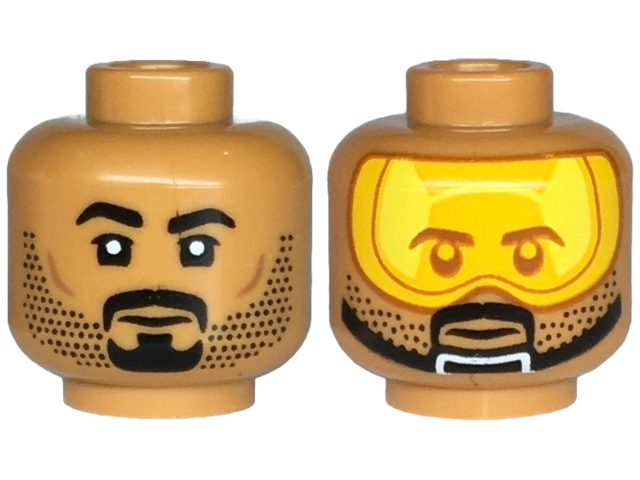 Minifigure, Head Dual Sided Black Eyebrows, Goatee, and Stubble, Neutral / Bright Light Orange Visor, Chin Strap Pattern