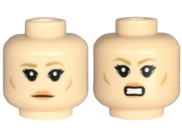 Minifigure, Head Dual Sided Female Dark Tan Eyebrows, Black Eyelashes, Nougat Lips, Small Medium Nougat Cheek Lines, Neutral / Bared Teeth Pattern