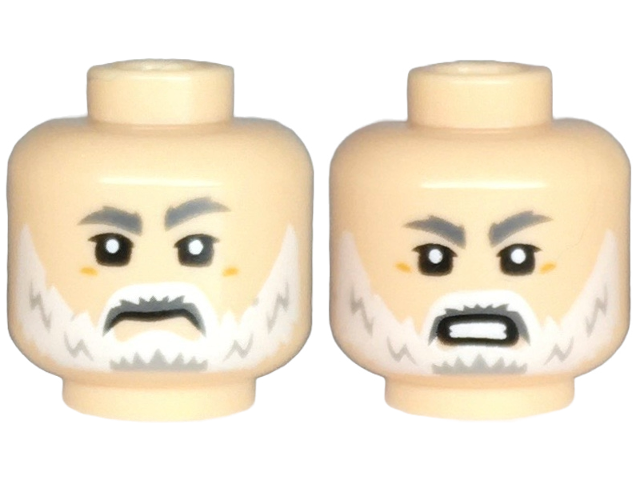 Minifigure, Head Dual Sided Dark Bluish Gray Eyebrows, Upper Eyelids, White Beard and Moustache, Frown / Angry with Bared Teeth Pattern