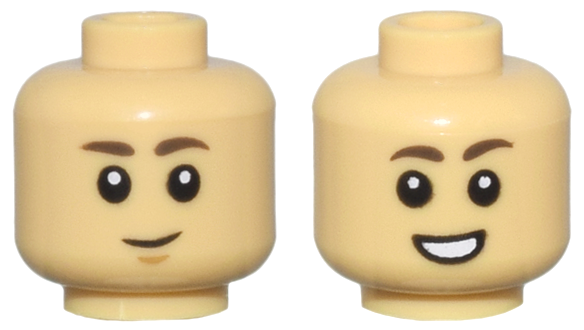 Minifigure, Head Dual Sided Child Dark Brown Eyebrows, Grin with Medium Nougat Chin Dimple / Open Mouth Smile with Teeth Pattern