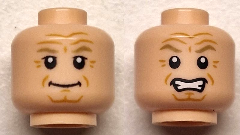 Minifigure, Head Dual Sided Dark Tan Eyebrows, Medium Nougat Dimples, Wrinkles, Chin Lines, and Forehead Creases, Grin / Angry with Bared Teeth Pattern
