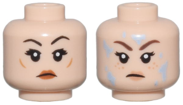 Minifigure, Head Dual Sided Female Black Eyelashes, Dark Brown Eyebrows, Dark Orange Lips, Neutral / Reddish Brown Eyebrows, Nougat Lips and Freckles, Bright Light Blue Water Splotches, Angry Frown Pattern