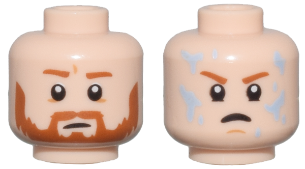 Minifigure, Head Dual Sided Dark Orange Eyebrows and Beard, Neutral / Angry with Bright Light Blue Water Drops Pattern