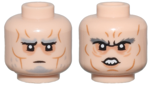 Minifigure, Head Dual Sided Medium Nougat Cheek Lines and Wrinkles, Nougat Eye Shadow, Light Bluish Gray Bushy Eyebrows, Goatee, and Stubble, Stern / Dark Bluish Gray Bushy Eyebrows, Open Mouth Scowl with Teeth Pattern