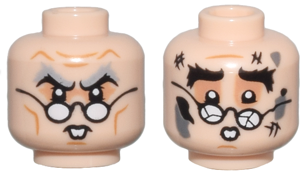 Minifigure, Head Dual Sided Medium Nougat Cheek Lines and Wrinkles, Nougat Eye Shadow, Buck Teeth, Light Bluish Gray Bushy Eyebrows, Glasses, Stern / Black Bushy Eyebrows, Broken Glasses, Scuff Marks, Dark Bluish Gray Splotches, Worried Pattern