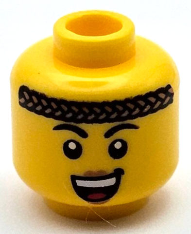 Minifigure, Head Female Black Eyebrows, Medium Nougat Braided Headband and Lips, Open Mouth Smile with Top Teeth and Red Tongue Pattern