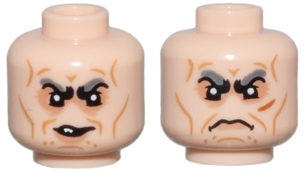 Minifigure, Head Dual Sided Black and Dark Bluish Gray Bushy Eyebrows, Nougat Eye Shadow and Lower Lip, Medium Nougat Cheek Lines and Wrinkles, Lopsided Scowl with Tooth / Angry Frown Pattern