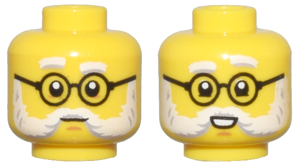 Minifigure, Head Dual Sided White and Light Bluish Gray Eyebrows and Beard, Black Round Glasses, Closed Mouth / Open Mouth Smile Pattern