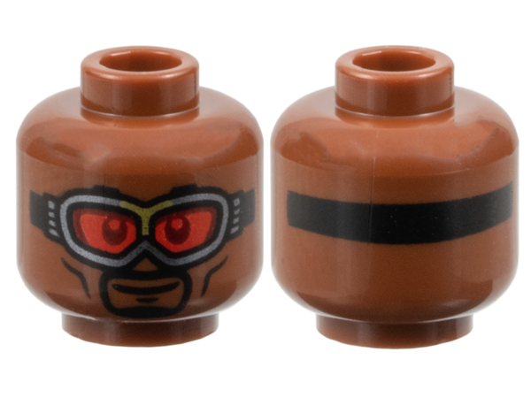Minifigure, Head Black Eyebrows, Moustache, Goatee, Cheek Lines and Chin Dimple, Silver and Gold Goggles with Strap and Red Lenses, Grin Pattern