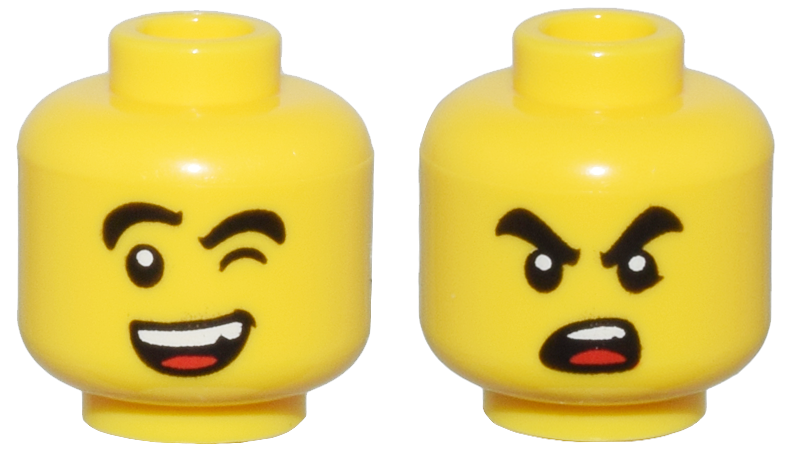 Minifigure, Head Dual Sided Black Thick Eyebrows, Wink and Open Mouth with White Teeth and Red Tongue Smile / Angry Open Mouth Pattern