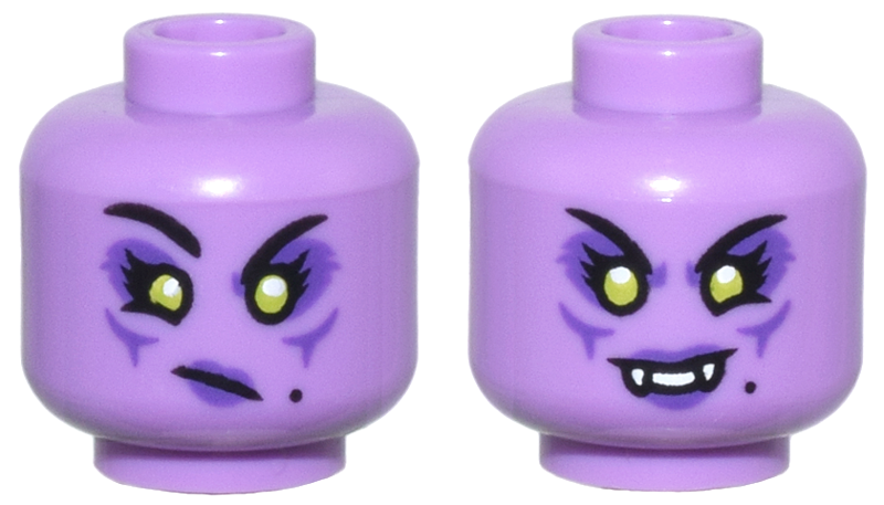 Minifigure, Head Dual Sided Female, Lime Eyes and Dark Purple Eye Shadow and Lips, Crooked Mouth Frown / White Fangs Smile Pattern
