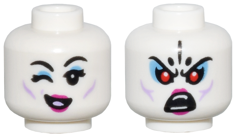 Minifigure, Head Dual Sided Female Medium Lavender Cheek Lines, Magenta Lips, Medium Blue Eye Shadow, Winking / Red Eyes Angry Pattern
