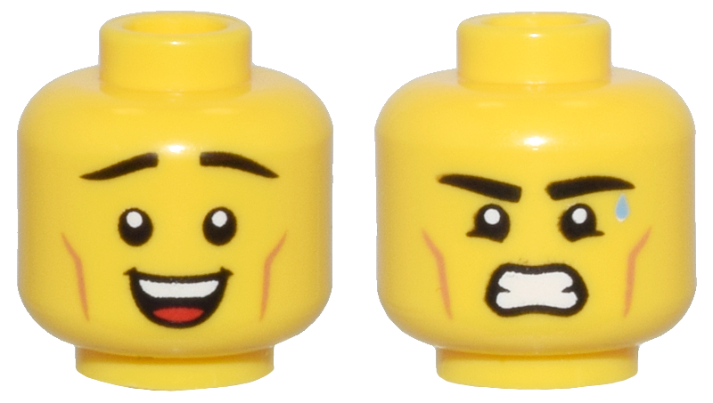 Minifigure, Head Dual Sided Thin Black Eyebrows, Medium Nougat Cheek Lines, and Open Mouth Smile / Sweat Drop, Grimace Pattern