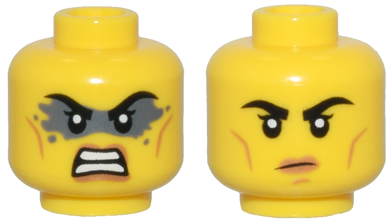 Minifigure, Head Dual Sided Female Black Eyebrows, Medium Nougat Lips and Cheek Lines, Dark Bluish Gray Face Paint, Angry / Closed Mouth Frown Pattern