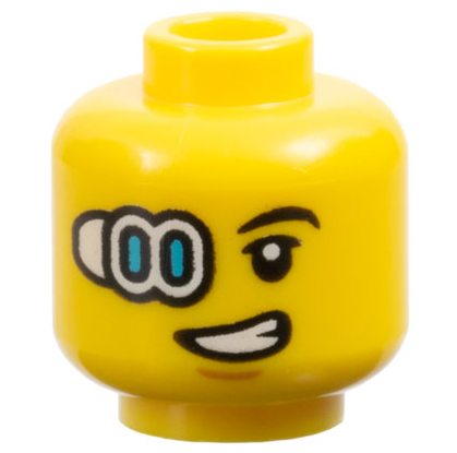 Minifigure, Head Black Eyebrow, White and Medium Azure Cyborg Eyepiece, Medium Nougat Chin Dimple, Lopsided Open Mouth Grin with Teeth Pattern