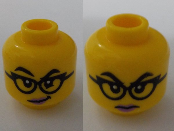 Minifigure, Head Dual Sided Female Black Eyebrows and Glasses, Medium Lavender Lips, Lopsided Grin / Stern Pattern