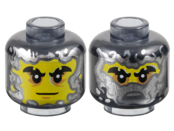 Minifigure, Head Dual Sided Yellow Face, Black Notched Eyebrows, Medium Nougat Eye Shadow, Neutral / Silver Half Mask Pattern