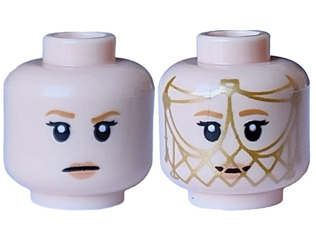 Minifigure, Head Dual Sided Female, Medium Nougat Eyebrows and Lips, Black Eyes and Mouth Neutral / Smile with Gold Mesh Face Veil Pattern