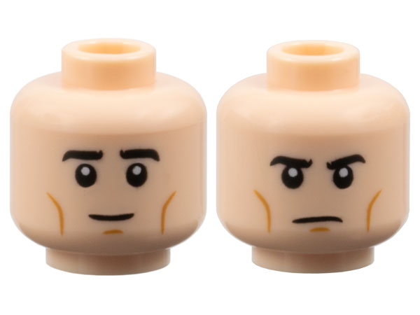 Minifigure, Head Dual Sided Black Eyebrows, Medium Nougat Cheek Lines and Chin Dimple, Neutral / Angry Frown Pattern