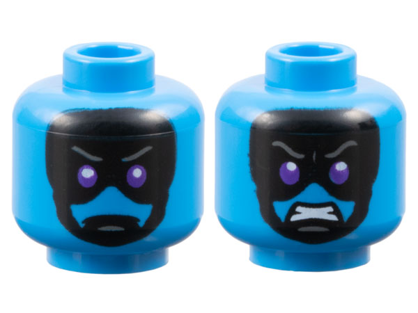 Minifigure, Head Dual Sided Alien Dark Bluish Gray Eyebrows, Dark Purple Eyes, Black Mask, Frown / Angry Bared Teeth Pattern