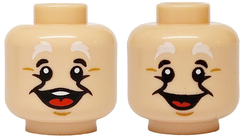 Minifigure, Head Dual Sided White Bushy Eyebrows, Medium Nougat Wrinkles and Chin Dimple, Open Mouth Smile with White Teeth and Red Tongue / Grin Pattern