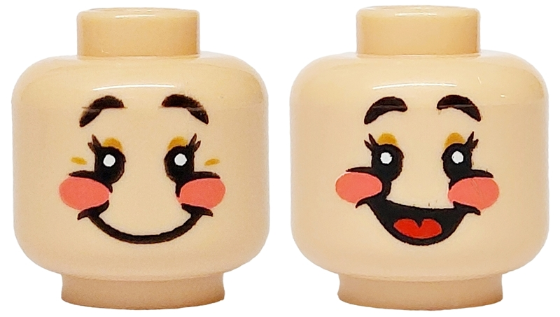 Minifigure, Head Dual Sided Black Eyebrows and Eyelashes, Medium Nougat Eyelids and Wrinkles, Coral Cheeks, Wide Smile / Open Mouth Smile with Red Tongue Pattern