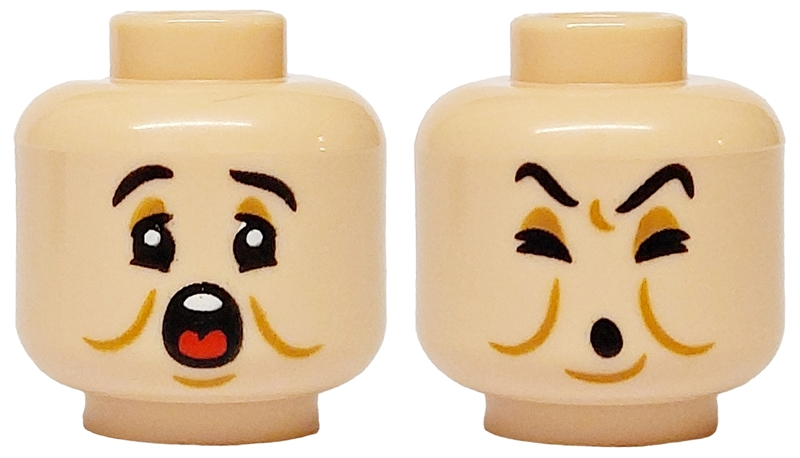 Minifigure, Head Dual Sided Black Eyebrows, Medium Nougat Eyelids, Cheek Lines and Chin Dimple, Open Mouth with White Teeth and Red Tongue / Closed Eyes and Mouth Pattern