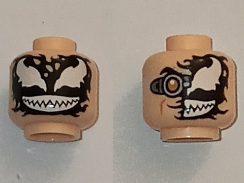 Minifigure, Head Dual Sided Alien, Partial Venom Smudge, Silver Goggle Right / Full Black Venom with White Eyes and Teeth Pattern