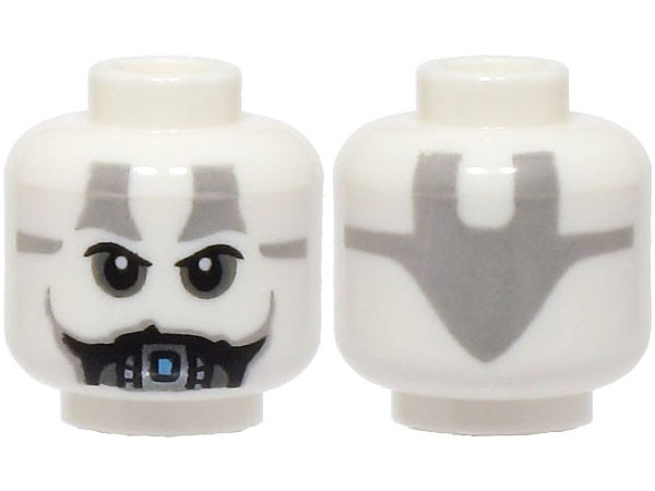 Minifigure, Head Alien Black Eyebrows, Dark Bluish Gray Eye Shadow, Dark Silver Vocabulator, Light Bluish Gray Tattoos Pattern