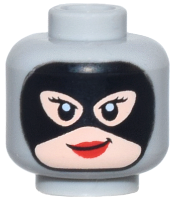 Minifigure, Head Female Balaclava, Light Nougat Face, Black Mask and Eyelashes, Red Lips, Smirk Pattern