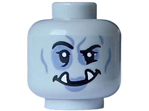 Minifigure, Head Alien Orc Female Black Eyebrows, Eyes and Mouth, White Sharp Teeth and Sand Blue Eye Shadow, Wrinkles and Lips Pattern