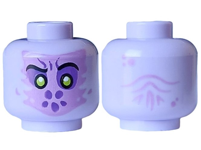 Minifigure, Head Alien Medium Lavender Face, Black Eyebrows, Lime Pupils with White Glints and Dark Purple Eyes, Spots and Dimple, Wrinkles on Back Pattern