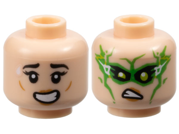 Minifigure, Head Dual Sided Female Black Eyebrows, Medium Nougat Lips, Open Mouth with Teeth, Grin / Frown, Lime Eyes, Bright Green Mask, White Lightning Bolts Pattern