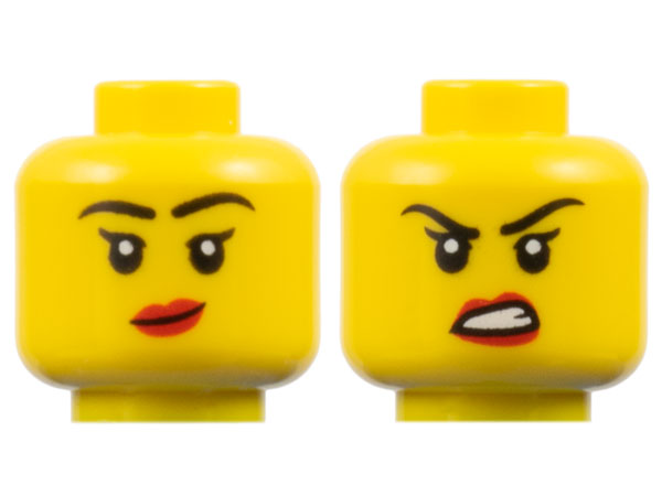 Minifigure, Head Dual Sided Female Black Eyebrows and Single Eyelashes, Red Lips, Lopsided Grin / Scowl Pattern