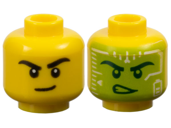 Minifigure, Head Dual Sided Black Eyebrows and Lopsided Grin / Dark Green Eyebrows, Eyes, and Determined Open Mouth with Teeth, Lime and White Head-Up Display (HUD) Pattern
