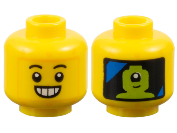 Minifigure, Head Robot Black Eyebrows, Open Smile with Teeth, Bright Light Orange Rivets, Panel with Blue Streaks and Lime Alien Pilot on Back Pattern