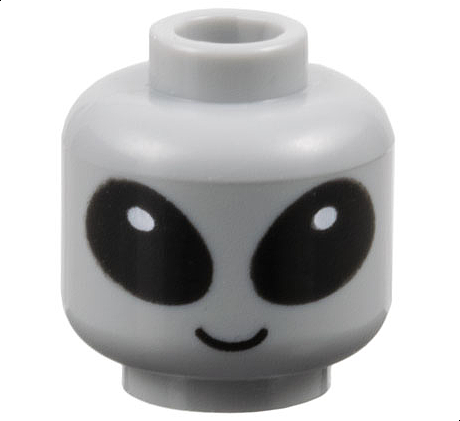 Minifigure, Head Alien with Large Black Eyes with White Glints, Grin Pattern