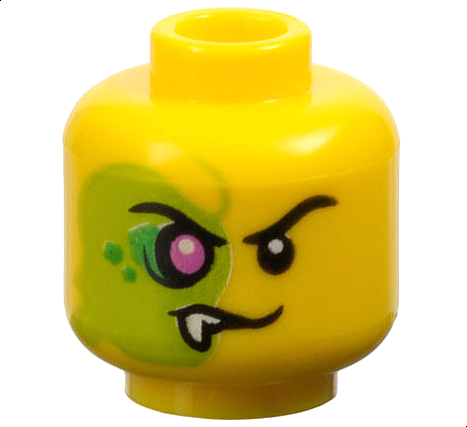 Minifigure, Head Alien Black Eyebrows, Evil Grin Left, Lime Face with Magenta Eye, Bright Green Scales, and White Fang Right Pattern