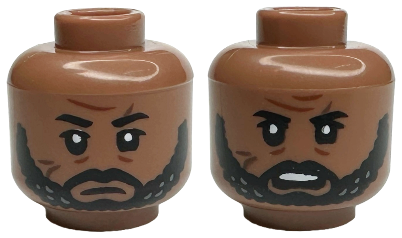 Minifigure, Head Dual Sided Black Eyebrows, Upper Eyelids, Moustache and Beard, Reddish Brown Wrinkles, Dark Brown Scars, Furrowed Brow, Frown / Angry Open Mouth with Top Teeth Pattern