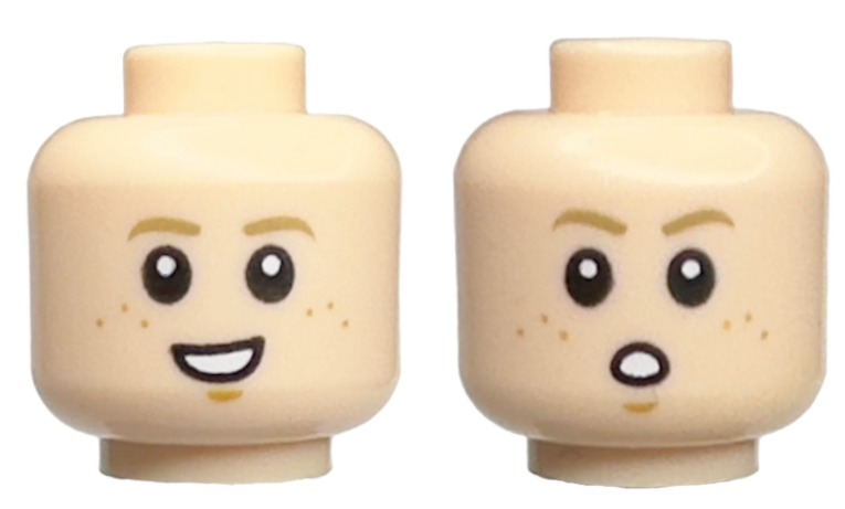 Minifigure, Head Dual Sided Child Dark Tan Eyebrows, Medium Nougat Freckles and Chin Dimple, Open Mouth Smile with Teeth / Surprised Pattern