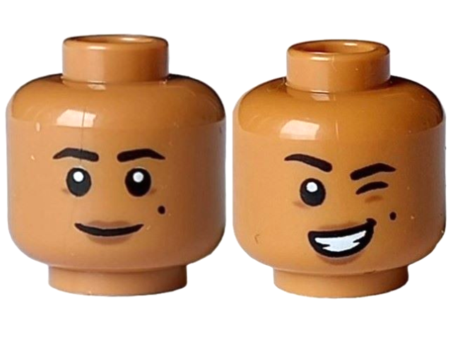 Minifigure, Head Dual Sided Female Black Eyebrows and Beauty Mark, Medium Brown Lips and Wrinkles, Grin / Wink and Lopsided Open Mouth Smile with Teeth Pattern