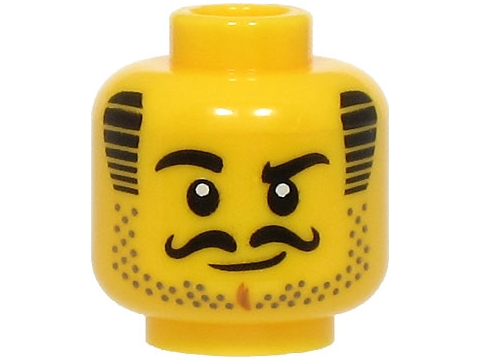Minifigure, Head Black Eyebrows, Curly Moustache, and Striped Sideburns, Dark Tan Stubble, Medium Nougat Chin Dimple, Grin Pattern