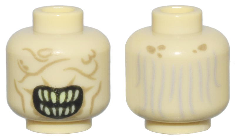 Minifigure, Head Alien with Wide Open Mouth with Pointed Bright Light Yellow Teeth, Dark Tan Wrinkles and Scars, Light Bluish Gray Thin Hair on Back Pattern