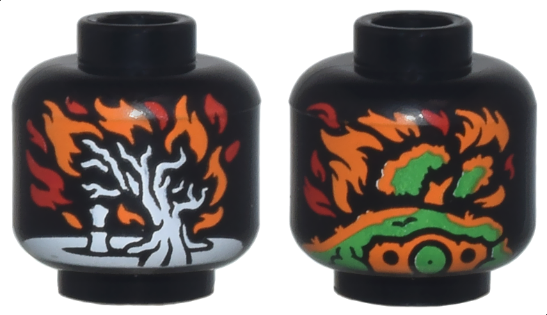 Minifigure, Head without Face with White Tree in Orange and Red Flames, Bright Green Hobbit Hill in Flames Pattern (Palantír, Palantir)