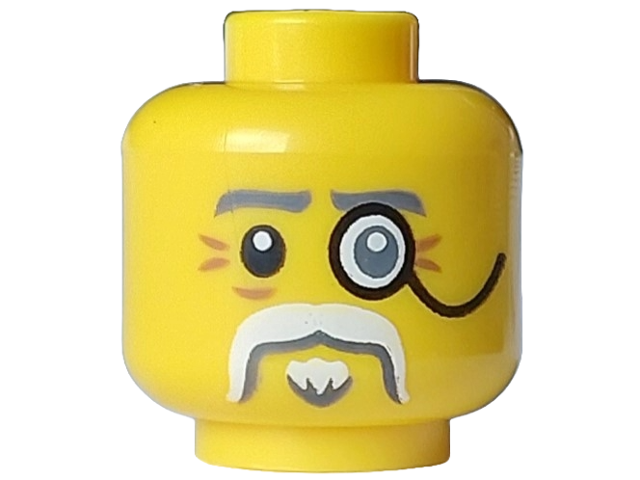 Minifigure, Head Dark Bluish Gray Eyebrows, Black Eye Right and Monocle Left, White Moustache and Goatee and Dark Orange Wrinkles Pattern